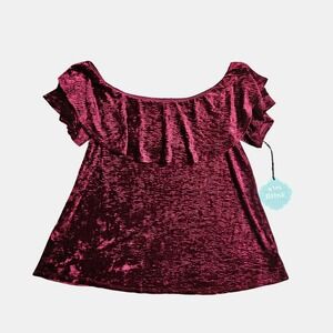 Knox Rose Velvet Velour Crinkle Knit Off The Shoulder Flounce Top S Burgundy NWT